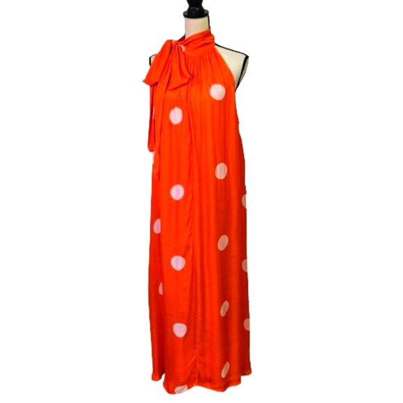 Samant Chauhan-Anthropologie Dresses & Skirts - Samant Chauhan Orange/White Polka Dot Halter Maxi Dress with Tie, Size 1X